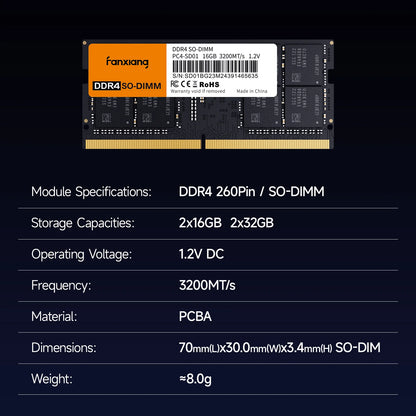 32GB DDR4 3200MHz SODIMM RAM Kit, CL22 1.2V Laptop Memory for Intel & AMD
