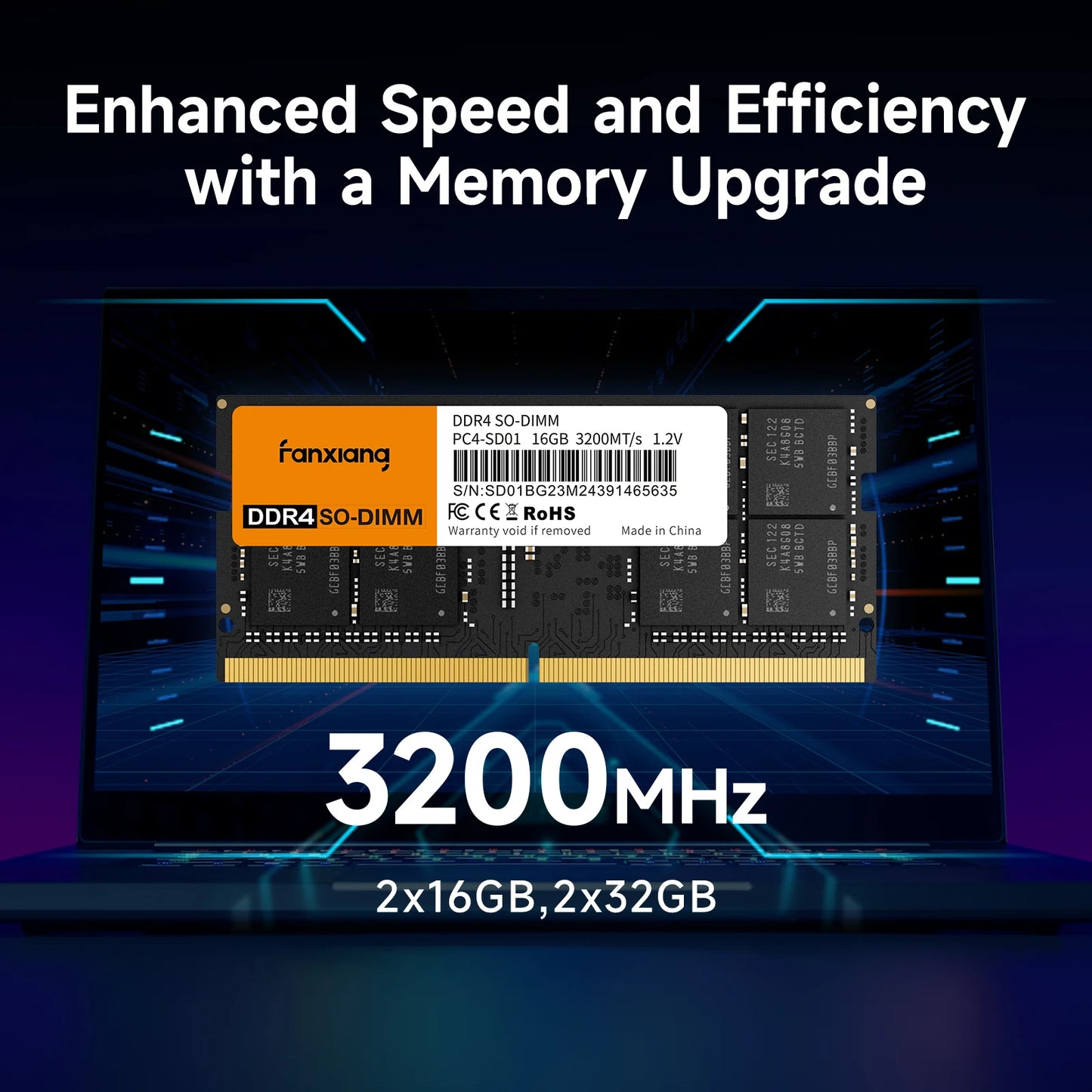 32GB DDR4 3200MHz SODIMM RAM Kit, CL22 1.2V Laptop Memory for Intel & AMD