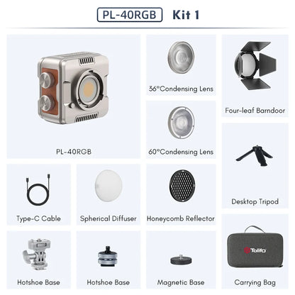Tolifo PL-40RGB COB LED Video Light – Pocket-Size RGBWW Creator Kit Including Lamp, Lens, Magnetic Barndoor, Dome Diffuser and Hardcase with App Control, Mini Bowens Mount & 20 FX Modes